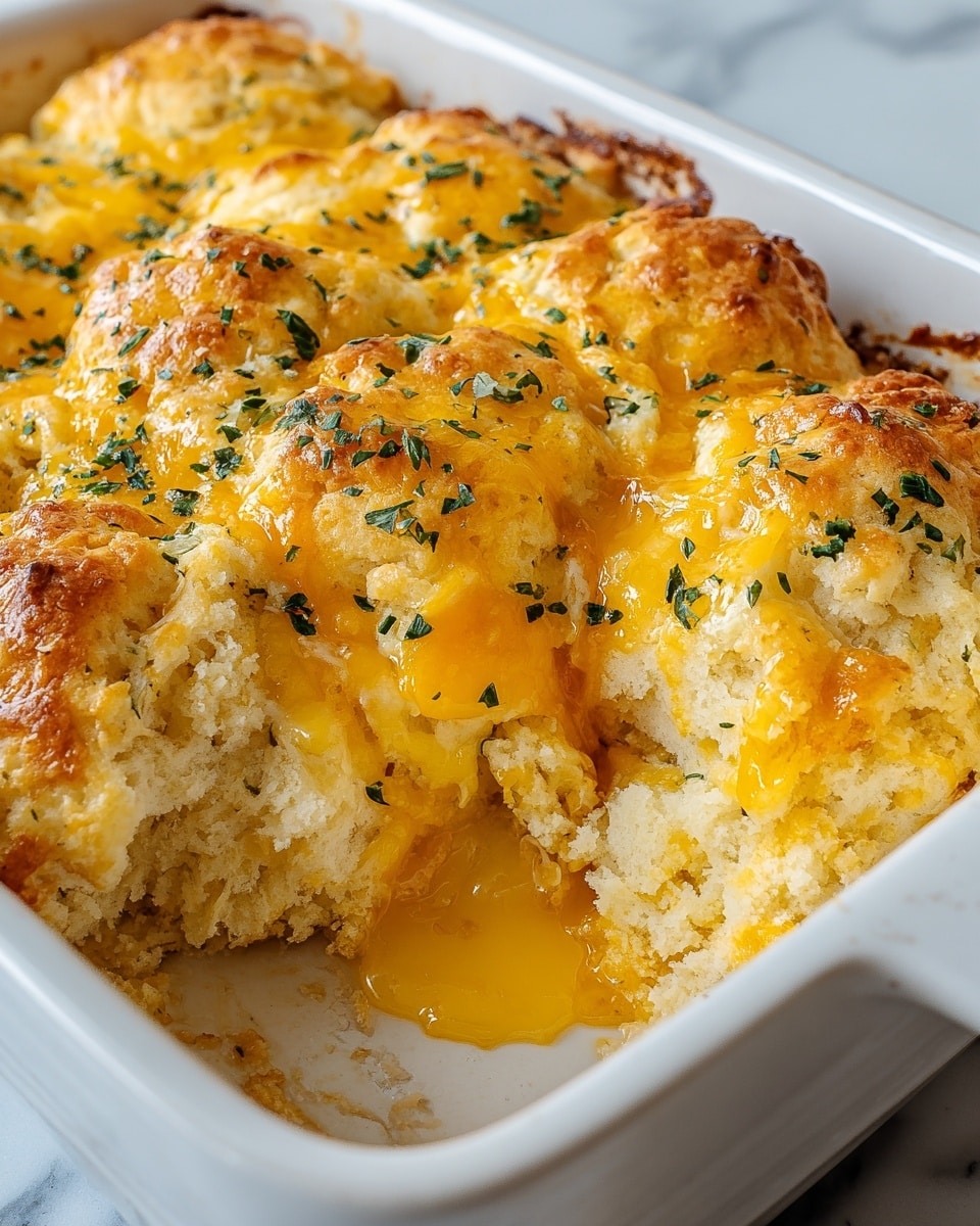 A close-up of a white baking dish filled with a cheesy biscuit casserole, showing a thick layer of golden brown, fluffy biscuit on top, with melted bright yellow cheese oozing through cracks and on the surface. The biscuit layer has a soft, spongy texture with a slightly crispy top and is sprinkled with finely chopped green herbs, adding small pops of color. The casserole appears warm and rich with gooey cheese inside and a browned crust around the edges, placed on a white marbled surface. photo taken with an iphone --ar 4:5 --v 7