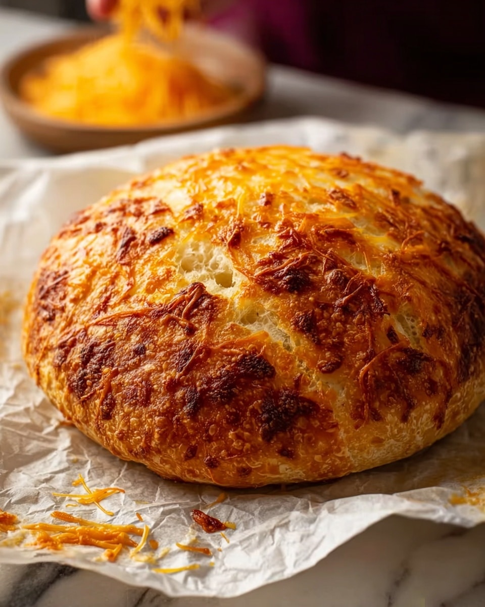A round loaf of cheese bread with a golden-brown crust that is richly textured and slightly crispy, topped with melted and browned cheese scattered unevenly across the surface. The crust shows areas of darker brown where the cheese has caramelized, while other parts reveal soft, light cream-colored bread peeking through. The bread rests on crinkled white parchment paper. In the background, a woman's hand can be seen holding some shredded yellow cheese over a white marbled surface. photo taken with an iphone --ar 4:5 --v 7