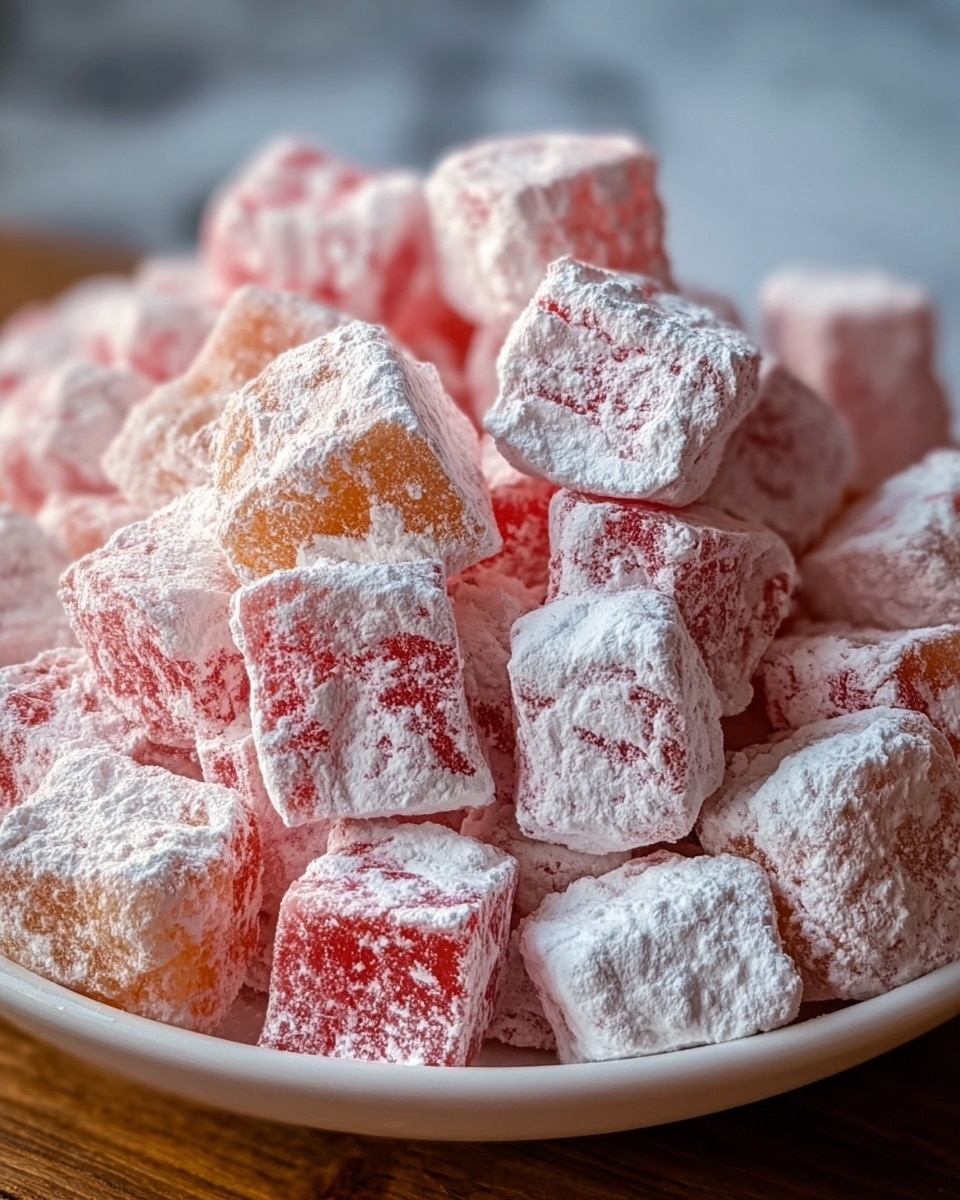 A shallow white bowl filled with many small, square pieces of pink and pale orange Turkish delight, each piece covered generously with a dusting of white powdered sugar. The soft, slightly translucent cubes have a slightly rough texture from the sugar coating and are piled high, creating a rounded mound that fills the bowl. The photo is shot close up with warm focus on the front cubes, showing the fine grain of the powdered sugar and the subtle color variations inside the candy, set against a blurred white marbled texture surface. photo taken with an iphone --ar 4:5 --v 7