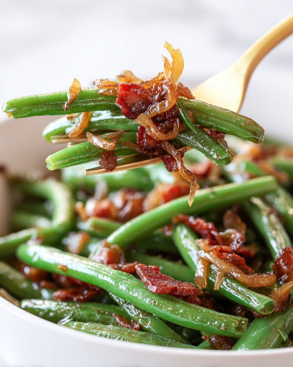 A close-up view of a white bowl filled with cooked green beans mixed with small, crispy pieces of reddish-brown bacon and caramelized onion slices, all coated lightly in a glossy sauce. The green beans are bright and tender-looking with a slight shine, while the bacon pieces add a rich, textured contrast with their crispy edges. A gold fork lifts a bite-sized bunch of green beans topped with bacon and onion from the bowl. The background is a white marbled texture, softly blurred to keep the focus on the food. photo taken with an iphone --ar 4:5 --v 7