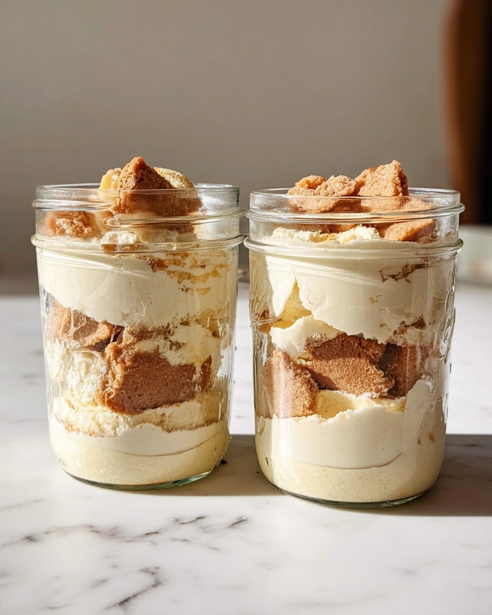 Two clear glass jars sit side by side on a white marbled surface, each filled with layered dessert. The bottom layer in both jars is a thick, creamy, off-white mixture with a smooth texture. Above that, there are broken pieces of light brown cookies or biscuits unevenly layered with more creamy mixture, creating a contrast in texture and color. The jars are shown with soft light highlighting the translucent glass and the textures within, making the dessert look fresh and inviting. photo taken with an iphone --ar 4:5 --v 7