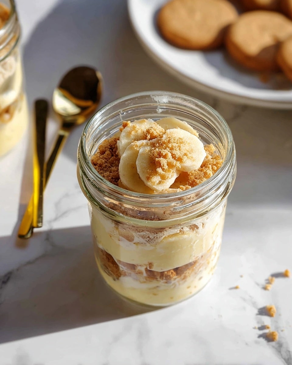 The image shows a clear glass jar filled with a layered dessert placed on a white marbled surface. The bottom layer is creamy and pale yellow, topped with a middle layer of crumbled light brown cookies or biscuits. Above that are slices of banana, visible for the top layer with more cookie crumbs sprinkled on top. Next to the jar, there are a few golden spoons laying on the surface and a white plate with round cookies blurred in the background. The scene is bright with natural light highlighting the textures and colors. Photo taken with an iphone --ar 4:5 --v 7