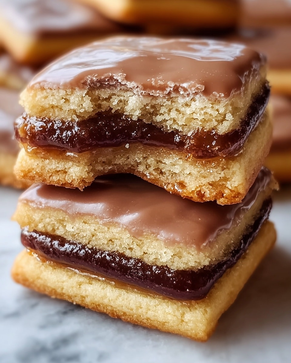 The image shows a close-up of two square-shaped cookies stacked on top of each other, each with three visible layers. The bottom and top layers are golden brown, soft and slightly porous cookie dough. Sandwiched between these is a thick, dark brown, smooth and gooey filling, likely chocolate-based. The top cookie has a glossy, light brown icing that covers the surface evenly with a shiny texture, and the top cookie is partially bitten, revealing the gooey filling inside. The background has a white marbled texture. photo taken with an iphone --ar 4:5 --v 7