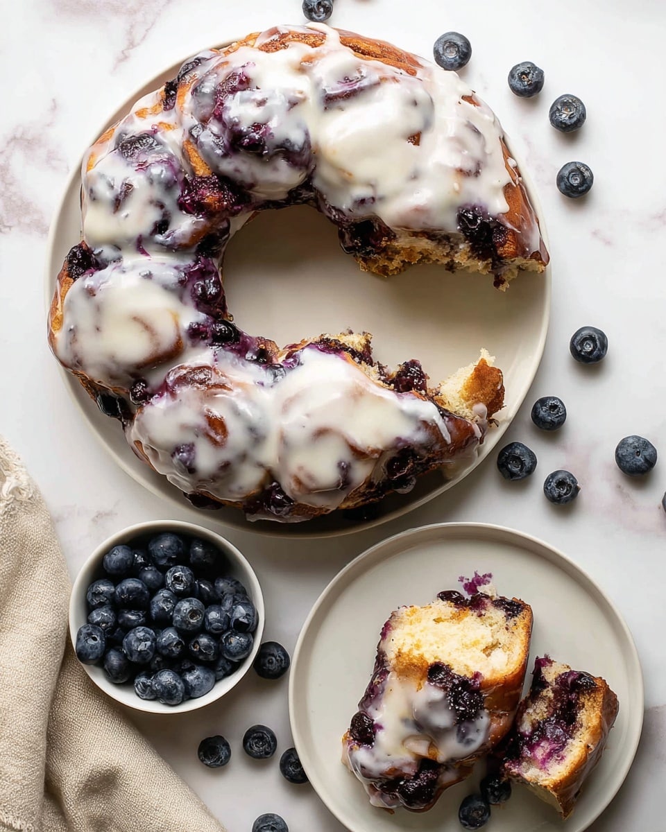 A round blueberry cinnamon roll wreath sits on a white plate, covered with a thick layer of white icing that drips slightly over the edges, revealing the purple and dark blue blueberry filling nestled within the golden-brown dough. A piece is torn off, showing the soft, fluffy interior mixed with bursts of blueberry. Nearby, a small white bowl is filled with fresh, plump blueberries, and a second white plate holds a few more cinnamon roll pieces also topped with glossy white icing. Blueberries are scattered across the white marbled surface around the plates, with a light beige cloth partially visible in the bottom corner. Photo taken with an iphone --ar 4:5 --v 7