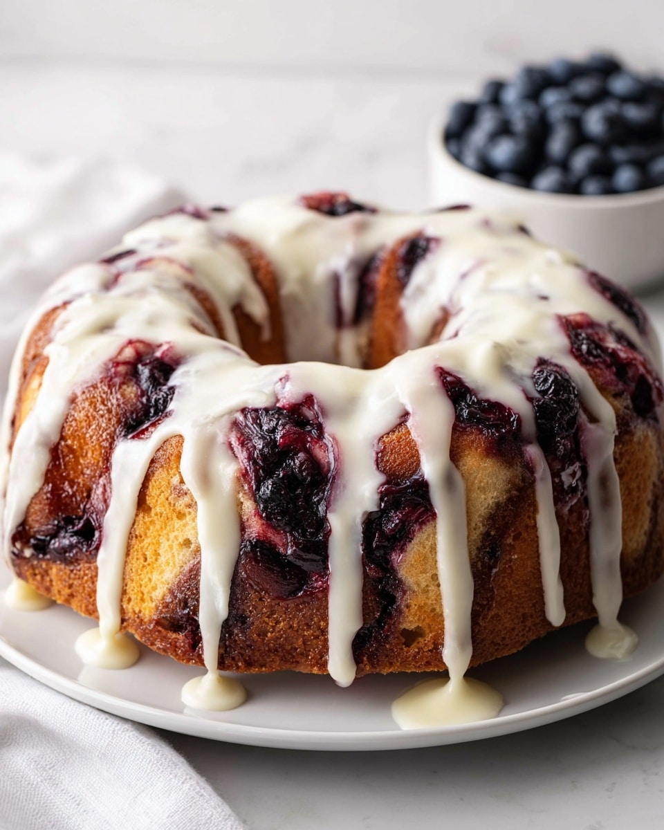 A round bundt cake with a golden-brown base layer featuring swirls of dark red and purple berry filling baked into the cake's crumb. The cake is generously covered with a thick, white, creamy icing that drips down the sides in uneven streams, partially covering the fruit swirls beneath. The cake rests on a white plate set on a white marbled background. In the corner, a white bowl filled with fresh dark blueberries is slightly blurred, and a white cloth napkin is visible near the plate's edge. photo taken with an iphone --ar 4:5 --v 7