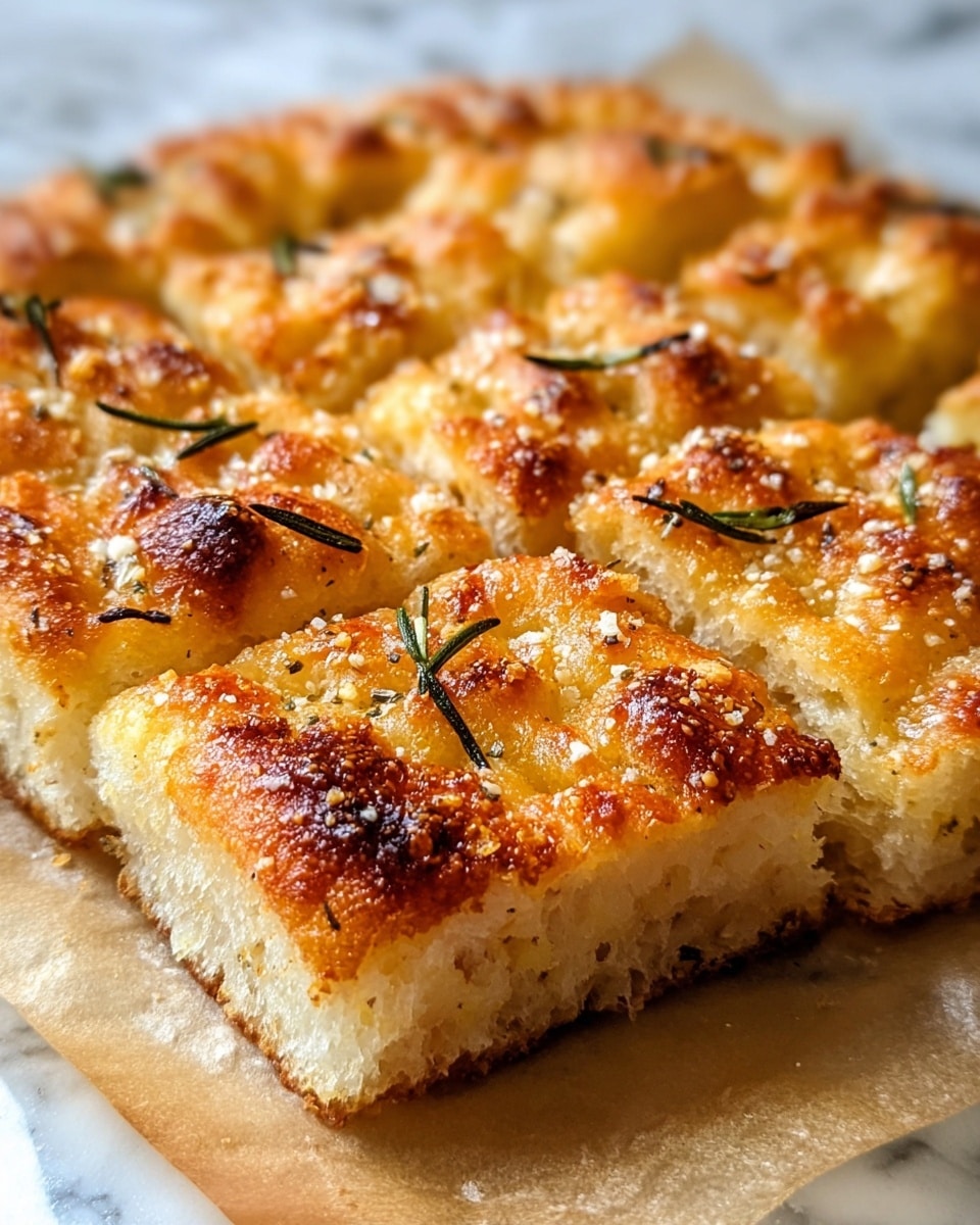 The image shows a close-up of a golden-brown focaccia bread cut into small square pieces, each piece topped with a bubbly, crispy crust. Visible layers include a crunchy top crust with melted cheese or coarse salt grains, sprinkled with small green rosemary leaves scattered across the surface. The inner dough layer beneath the crust looks soft and airy, with a light texture and pale yellow color. The bread sits on parchment paper over a white marbled surface. photo taken with an iphone --ar 4:5 --v 7