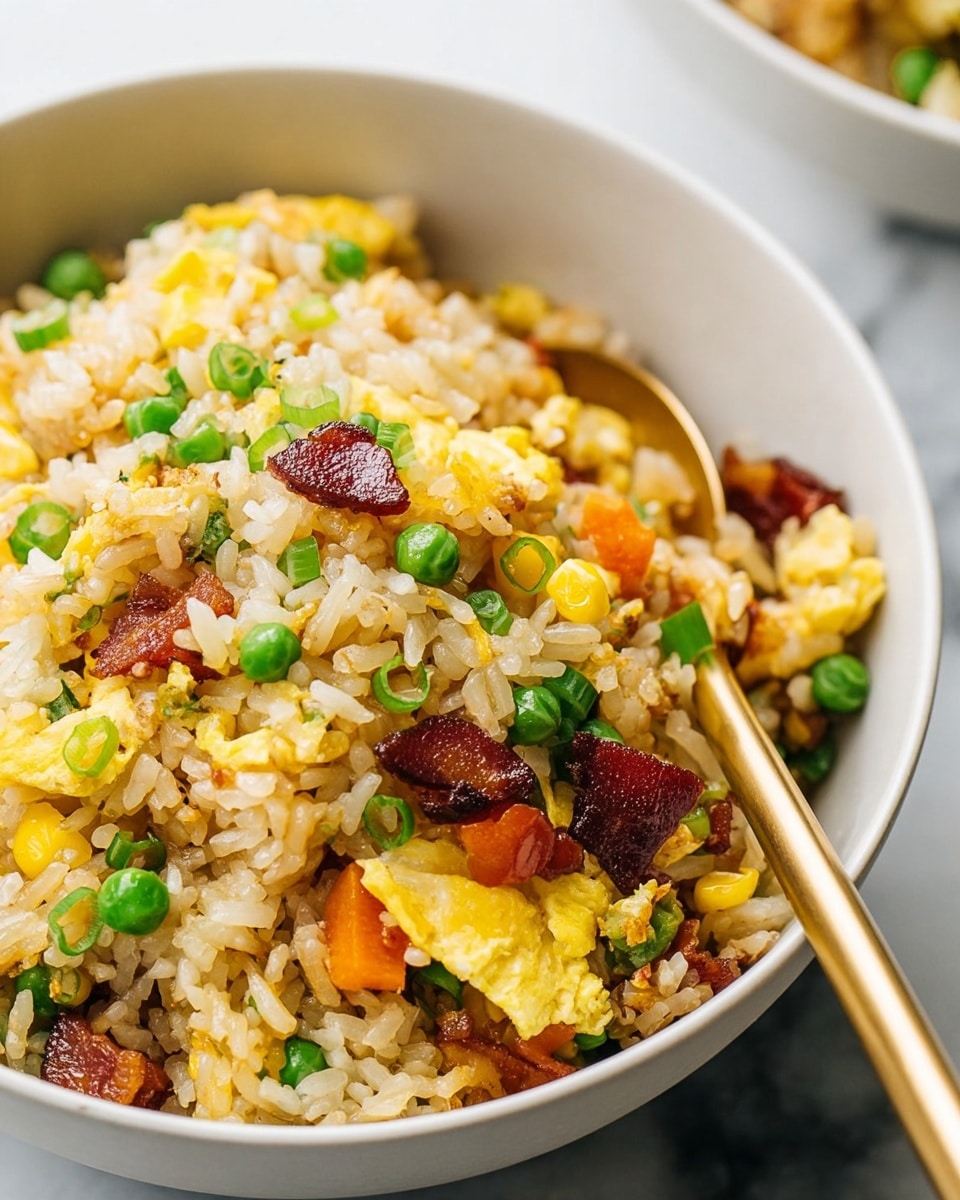 A close-up view of a bowl filled with fried rice showing about three layers: the bottom layer contains light brown cooked rice with a slightly glossy texture, the middle layer includes small chunks of yellow scrambled egg and crispy dark red pieces of bacon scattered throughout, and the top layer features green peas, corn kernels, diced carrots, and green onion slices adding vibrant color. The bowl is white with a smooth surface and a gold spoon resting inside. The image is set against a white marbled texture background. Photo taken with an iphone --ar 4:5 --v 7
