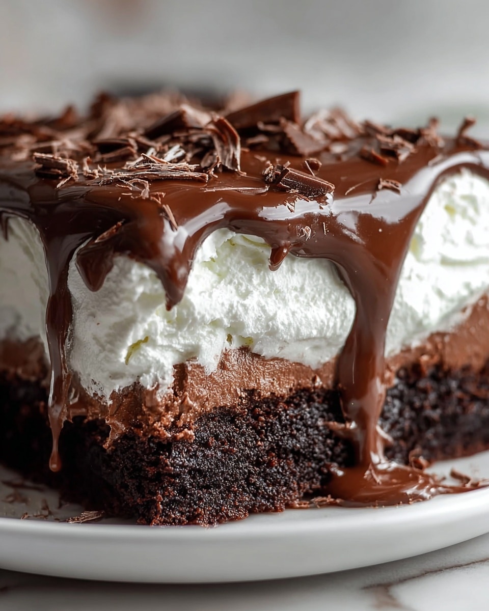 A close-up view of a rich chocolate dessert with three clear layers, starting with a dark, moist chocolate brownie base at the bottom that looks dense and fudgy, topped by a thick, fluffy white whipped cream layer in the middle with a smooth texture, and finished with a glossy layer of melted dark chocolate spread unevenly on top, some of which is dripping down the sides. There are small chocolate shavings scattered on the whipped cream, and the dessert sits on a white plate over a white marbled surface. Photo taken with an iphone --ar 4:5 --v 7