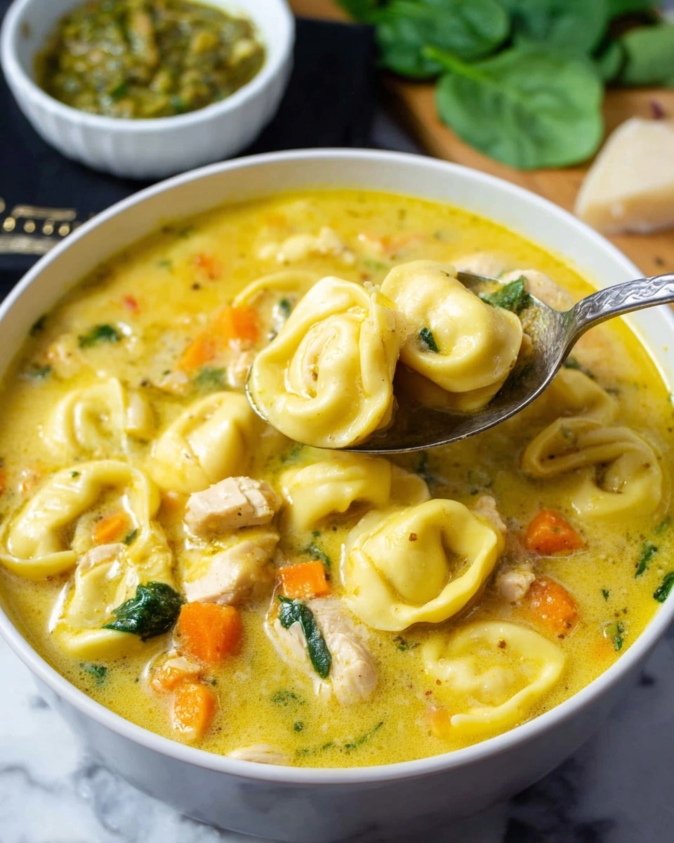 The image shows a bowl filled with creamy yellow soup containing round tortellini pasta. The soup has visible small pieces of chicken, orange carrot cubes, and green spinach leaves mixed throughout. The tortellini are plump with a smooth, light yellow surface, floating in the thick soup. A silver spoon is lifting some tortellini, chicken, and vegetables from the bowl. In the background, there is a small white bowl with chunky green sauce and some green spinach leaves on a white marbled surface. The bowl holding the soup is white and round. Photo taken with an iphone --ar 4:5 --v 7