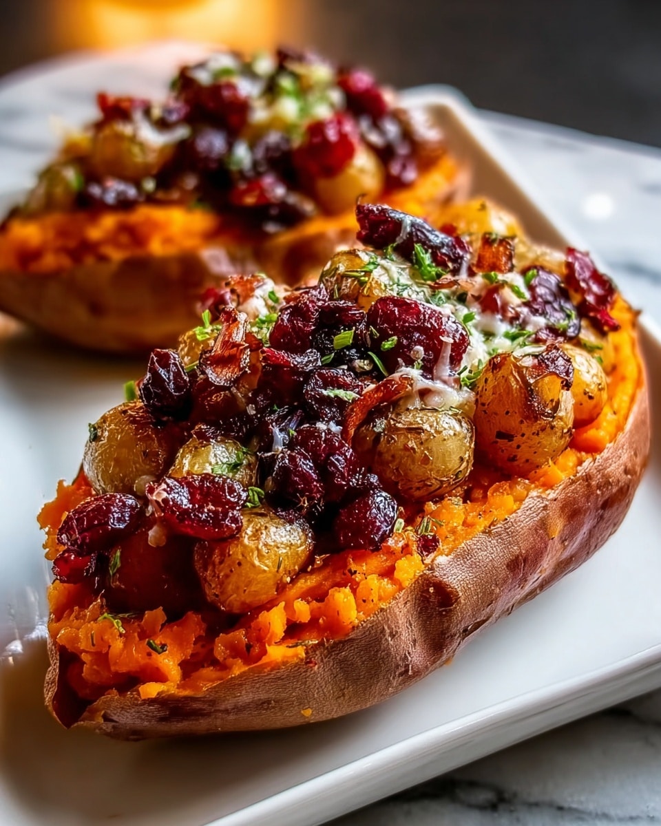 A roasted sweet potato cut in half serves as the base layer, showing a vibrant orange color with a soft, slightly mashed texture. On top sits a mix of small golden-brown roasted potatoes, deep red whole cranberries, and dark red dried cranberries, scattered unevenly to create a rich and colorful topping. There are small bits of white melted cheese peeking through the fruit and potato layer, and the dish is finished with a sprinkle of finely chopped green herbs for contrast. The sweet potato halves rest on a white rectangular plate with a shiny surface against a softly blurred white marbled texture background, highlighting the warm tones of the food. photo taken with an iphone --ar 4:5 --v 7