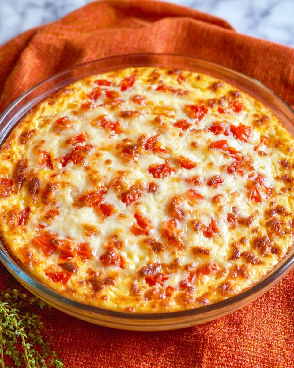 A round clear glass dish holds a baked casserole with a golden-brown bubbly cheese top layer mixed with small chunks of bright red tomatoes, giving it a slightly uneven texture. The cheese layer looks creamy and thick, with some darker toasted spots scattered across the surface. The dish sits on an orange textured cloth, with a few sprigs of green herbs at the edge. The background is a white marbled texture. photo taken with an iphone --ar 4:5 --v 7