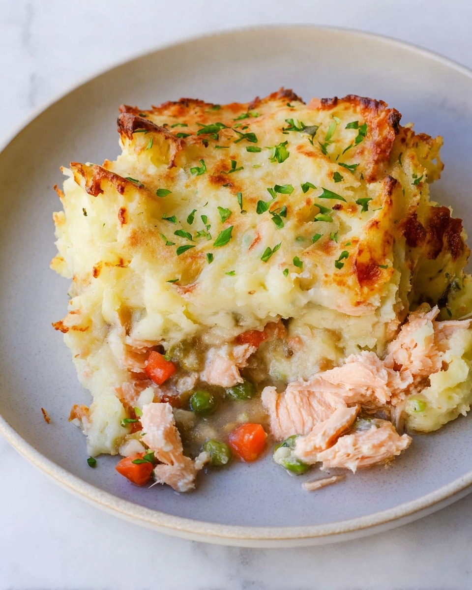 The dish shows a portion of salmon shepherd's pie on a round white plate with a light gray tint, placed on a white marbled surface. It has three main layers: the top layer is golden-brown mashed potatoes with a slightly crispy texture and small green parsley pieces scattered on top, the middle layer contains flaky pink salmon chunks mixed with green peas and small carrot pieces, and the bottom layer is a creamy mashed potato base that is soft and light yellow. The layers blend slightly at the edges, giving a rustic homemade look. photo taken with an iphone --ar 4:5 --v 7