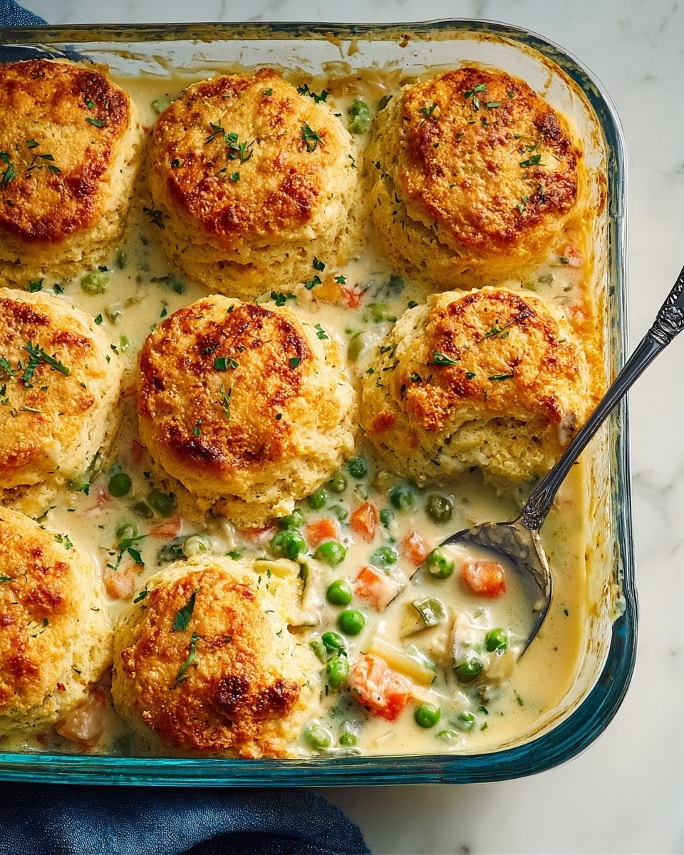 A clear glass baking dish holds seven golden brown, round biscuit tops arranged closely, each with a rough textured, crispy surface sprinkled lightly with green herbs. Underneath the biscuits is a thick, creamy sauce filled with small bright orange carrot cubes, green peas, and bits of green leafy herbs, all sitting in a light, slightly shiny white gravy. A silver spoon rests on the right side of the dish, partially dipped into the sauce, stirring the colorful vegetable mixture. The dish is set on a white marbled texture surface with a folded blue cloth visible under the right edge. Photo taken with an iphone --ar 4:5 --v 7