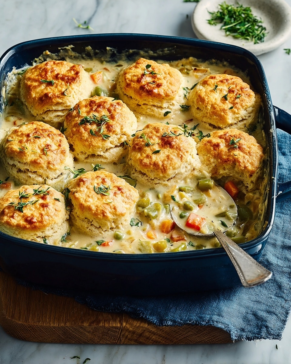 A dark blue casserole dish filled with a creamy stew that has visible chunks of vegetables like green peppers and orange carrots, topped with ten golden-brown biscuits that are fluffy and slightly crispy on top. The biscuits are thick and soft-looking, arranged close together in two rows, with some fresh green herbs sprinkled over them. On the right side, a silver spoon is scooping some of the stew, showing the thick texture and mix of ingredients. The dish sits on a wooden board with a blue kitchen cloth underneath, and a small white dish with green herbs is in the background on a white marbled surface. photo taken with an iphone --ar 4:5 --v 7