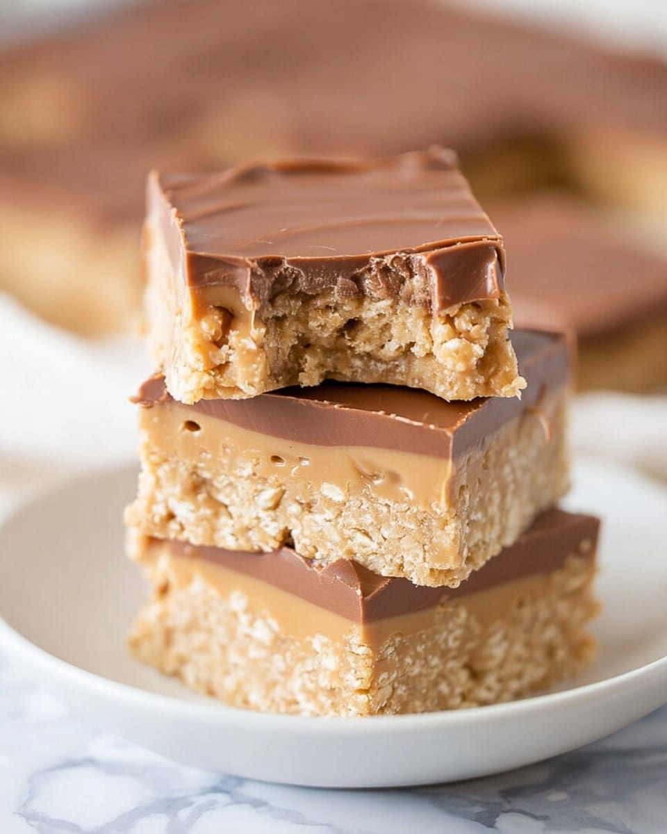 A close-up image showing three square dessert bars stacked on top of each other on a white plate, placed on a white marbled surface. Each bar has two main layers: the bottom layer is thick, crumbly, and beige with a slightly rough texture, indicating a oat or cookie base, while the top layer is smooth, glossy, and light brown, resembling a chocolate or peanut butter coating. The top bar has a bite taken out from the front, revealing the inner crumbly texture of the base layer and the firm smooth layer on top. The background is softly blurred, emphasizing the detailed texture of the bars. photo taken with an iphone --ar 4:5 --v 7