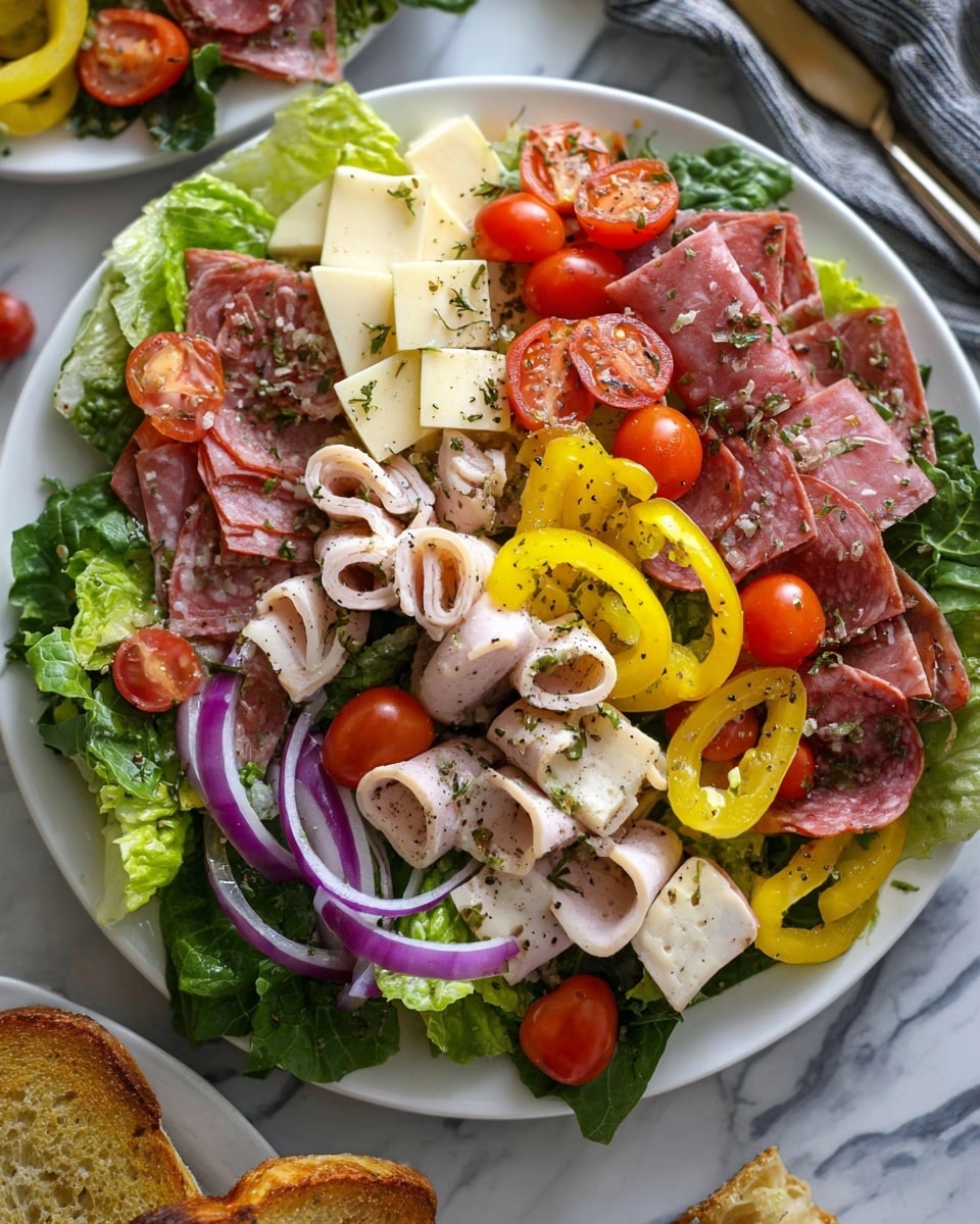 A white plate filled with a fresh salad layered from bottom to top starts with large green romaine lettuce leaves forming the base. The next layer includes slices of folded salami and pale yellow cheese squares scattered evenly across the greens. On top, there are rolled pieces of sliced turkey meat with a pale beige tone, cherry tomato halves in bright red, and thin strips of purple onion spread all around. Bright yellow pepper rings add a splash of color, while everything is sprinkled with cracked black pepper and herbs. The salad sits on a white marbled surface, and some toasted bread and other salad parts are partially visible nearby. Photo taken with an iphone --ar 4:5 --v 7