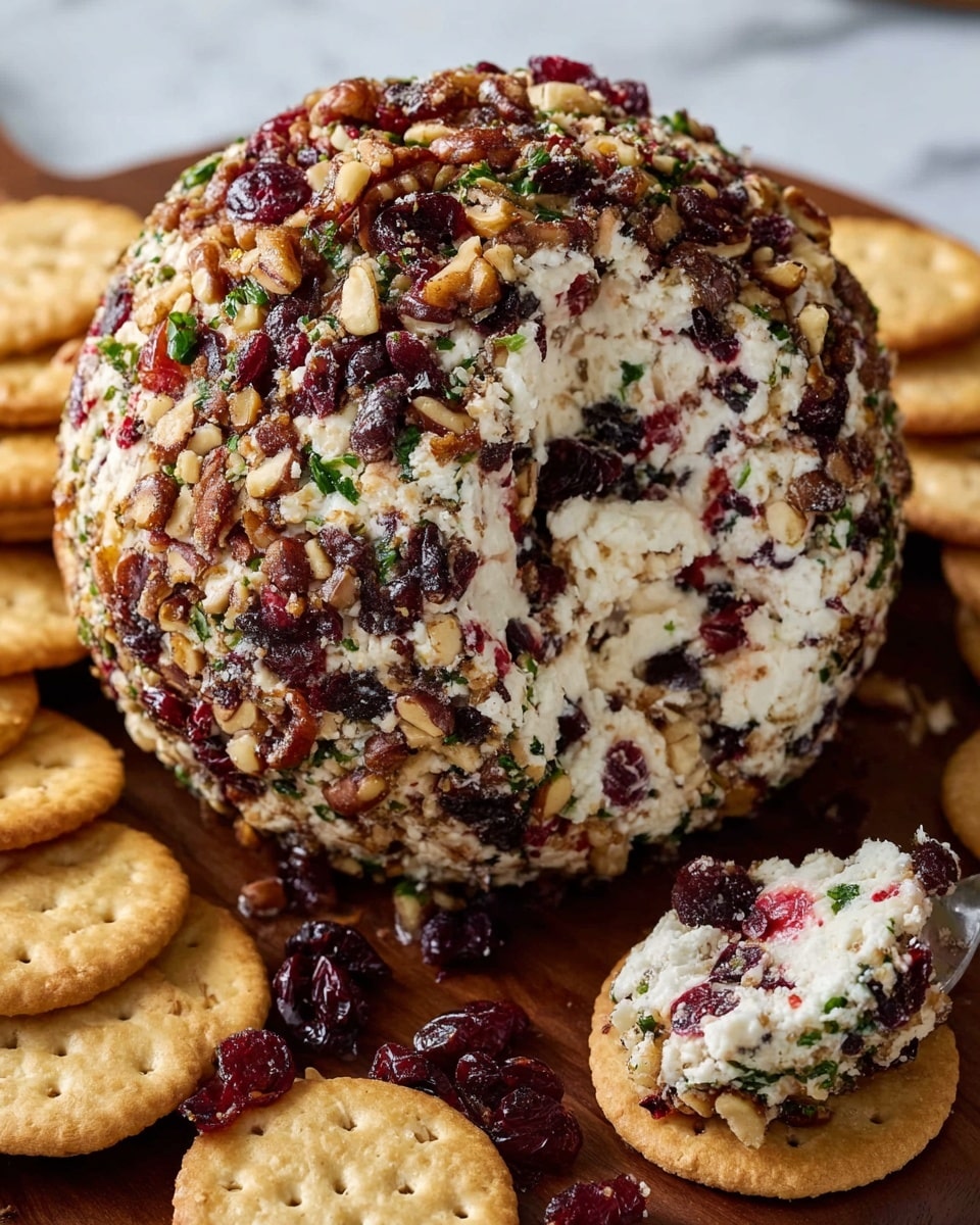 A large cheese ball is shown with a rough, round shape. The outside layer is covered in chopped nuts and dried red cranberries mixed with small green herbs, creating a colorful and textured surface. Inside, the cheese is white and creamy with visible swirls of dark red cranberries mixed through. The ball sits on a wooden board surrounded by round, light brown crackers. Some cheese with nuts and cranberries is scooped onto one cracker in the front right corner. The background is a white marbled texture. photo taken with an iphone --ar 4:5 --v 7