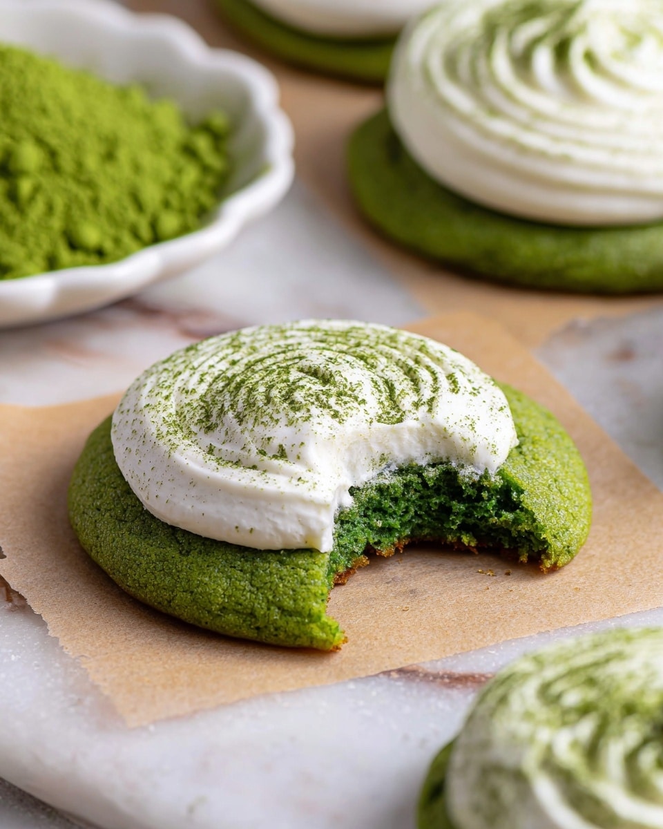 The image shows a close-up of a green cookie with a bite taken from it, placed on a piece of brown paper on a white marbled surface. The cookie has two layers: the bottom layer is a dense, moist, bright green base, and the top layer is a thick, fluffy swirl of white frosting sprinkled with fine green powder, likely matcha. In the background, another cookie with the same two layers is visible, along with a white plate filled with green powder. photo taken with an iphone --ar 4:5 --v 7