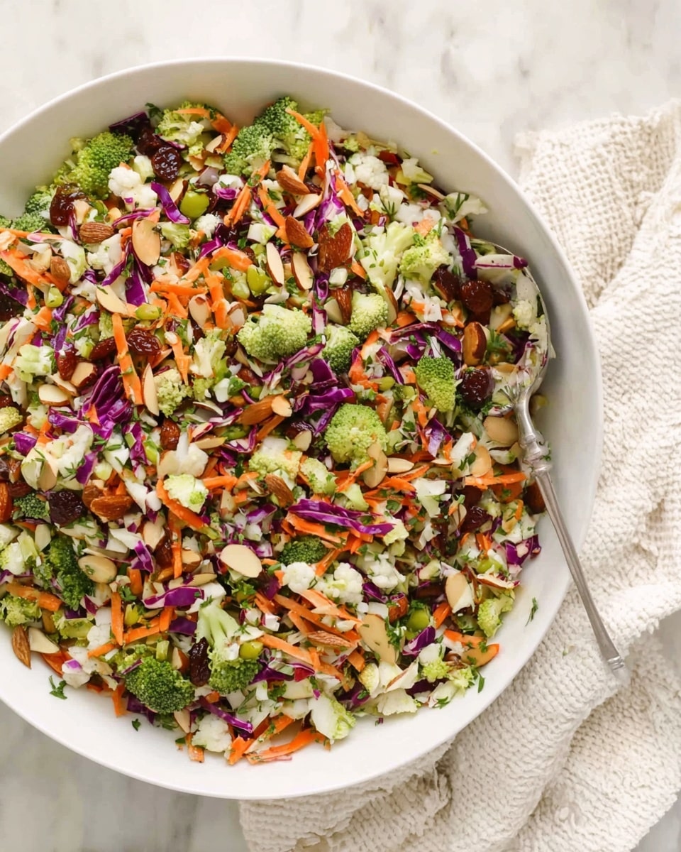 A large white bowl filled with a colorful chopped salad showing several layers of vibrant ingredients, including green broccoli florets, orange carrot shreds, purple cabbage pieces, white cauliflower bits, and celery chunks, all mixed with brown almonds, dark raisins, and green herbs scattered evenly throughout. A silver serving spoon rests partly inside the bowl with a mix of the salad on it, placed on a white marbled surface next to a textured white cloth. Photo taken with an iphone --ar 4:5 --v 7