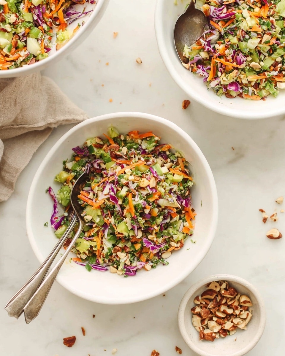 The image shows three white bowls on a white marbled surface, each filled with a fresh mixed salad. The main bowl in the center contains a colorful mix of finely chopped vegetables including orange carrot shreds, green celery, purple cabbage, and small pieces of broccoli, along with chopped nuts and herbs, giving a textured and vibrant look. A silver fork rests inside this bowl. To the upper right, another white bowl holds a similar chopped vegetable and nut salad with a fork lightly inserted. At the bottom right, a small white bowl contains roughly chopped nuts with some pieces scattered around it on the surface. Two vintage silver serving spoons, one with a woman's hand holding it, rest on the edge of another white bowl at the top left, partially visible with salad inside. Photo taken with an iphone --ar 4:5 --v 7