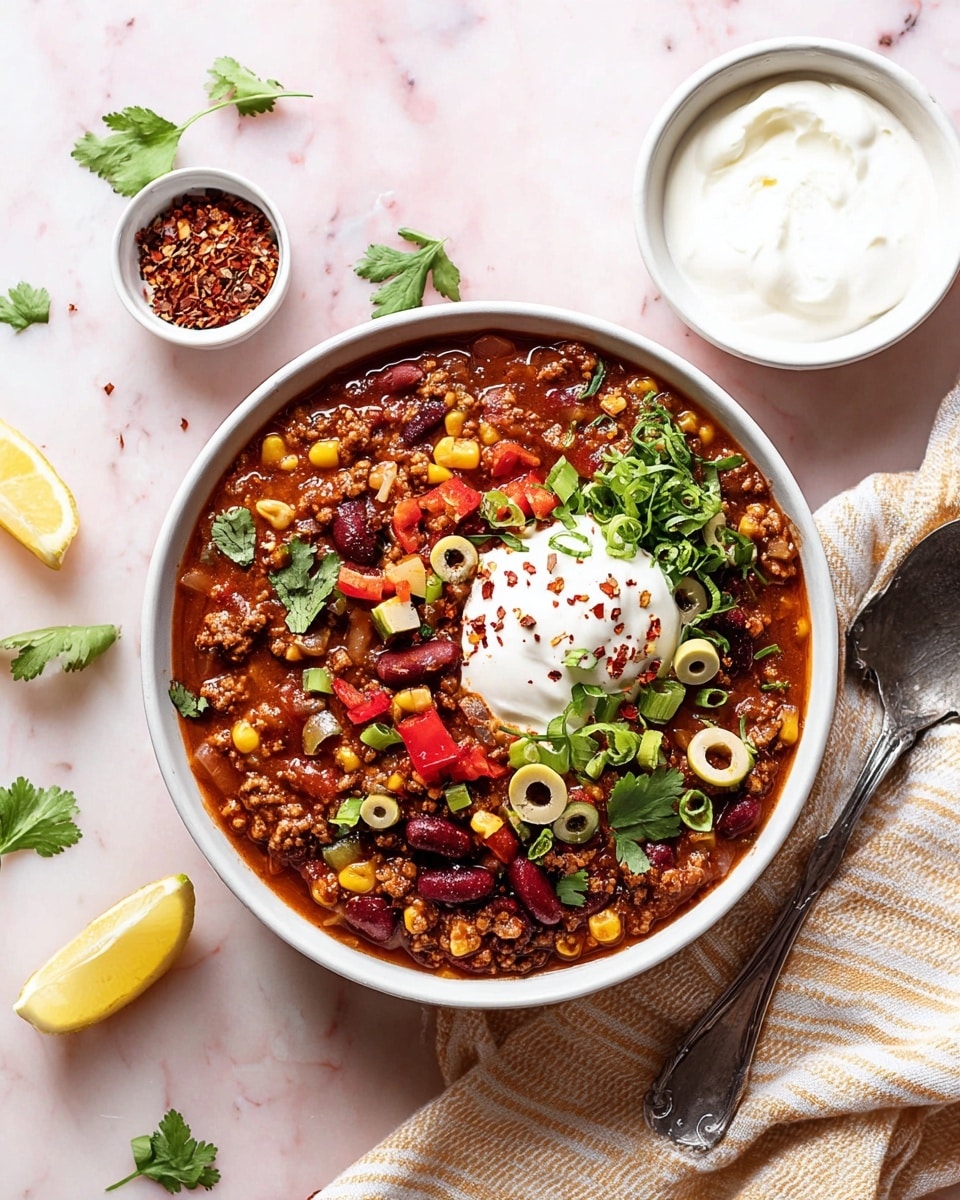 A white bowl filled with three main layers of chili: a base layer of rich, thick reddish-brown chili mixed with dark red kidney beans and yellow corn kernels; a middle layer of chopped green and red bell peppers with small pieces of ground meat, giving a chunky texture; and a top layer featuring a dollop of white sour cream sprinkled lightly with red chili flakes, sliced black olives, fresh green onion pieces, and bright green cilantro leaves. A lemon wedge and some extra cilantro garnish the edge of the bowl. The bowl sits on a white marbled surface with a beige and white striped cloth next to it and a silver spoon nearby. A small white bowl of creamy sour cream and another small white bowl with crushed red chili flakes also sit on the surface, accompanied by lemon wedges and scattered fresh herbs. Photo taken with an iphone --ar 4:5 --v 7