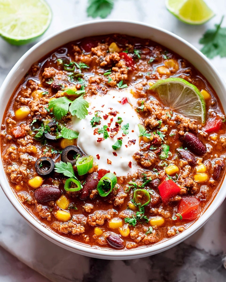 A white bowl full of thick chili with a rich reddish-brown sauce base filled with ground meat, kidney beans, corn, and chopped red and green bell peppers. On top, there is a dollop of white sour cream sprinkled with red chili flakes, along with sliced black olives, chopped green onions, and fresh cilantro leaves scattered across. A wedge of lime rests on the side, adding a touch of bright yellow-green contrast, all placed on a white marbled surface. Photo taken with an iphone --ar 4:5 --v 7