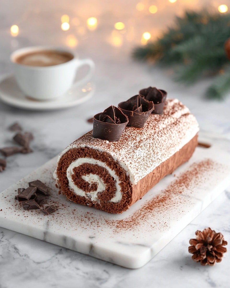 A chocolate roll cake with one visible spiral layer of light brown cake and white cream, covered in a thin white cream layer dusted evenly with cocoa powder, topped with three dark chocolate curls placed in a row on top, sits on a white marble cutting board. Around the board there are small pieces of dark chocolate and cocoa powder dusted on the white marbled surface. In the background, there is a white cup filled with coffee and softly glowing warm fairy lights, with some green pine leaves and a pine cone visible out of focus. photo taken with an iphone --ar 4:5 --v 7