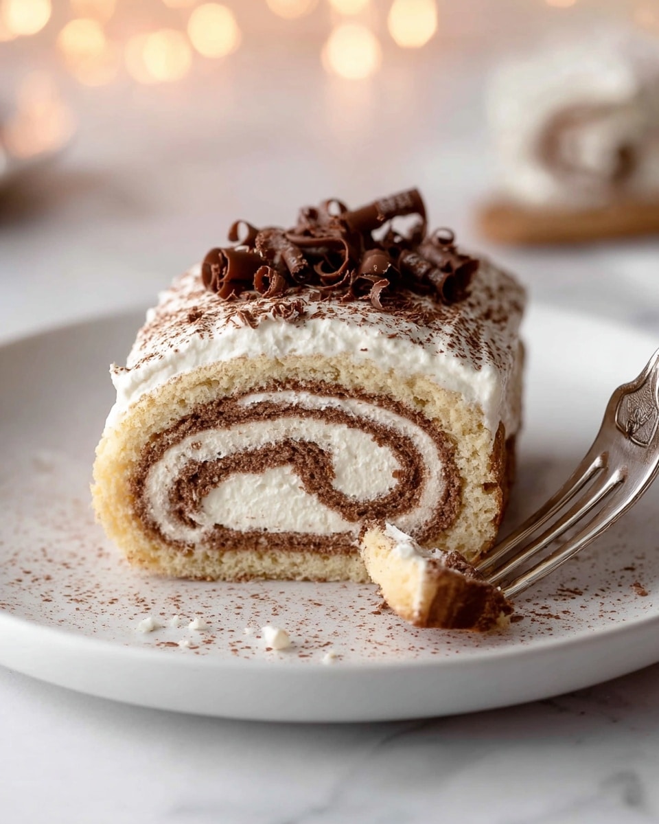 A white plate holds a slice of a rolled cake with four visible layers: a light brown soft sponge on the bottom, a creamy white swirled filling, a dusting of fine cocoa powder on top, and dark chocolate curls as a garnish. The top cream layer is smooth and thick, covered with a light brown powder, and the swirl inside shows a mix of light beige and white cream. A fork is gently cutting into the slice from the right side, and there is a small piece of chocolate curl on the plate near the slice. The setting is on a white marbled surface with soft warm lights blurred in the background. photo taken with an iphone --ar 4:5 --v 7