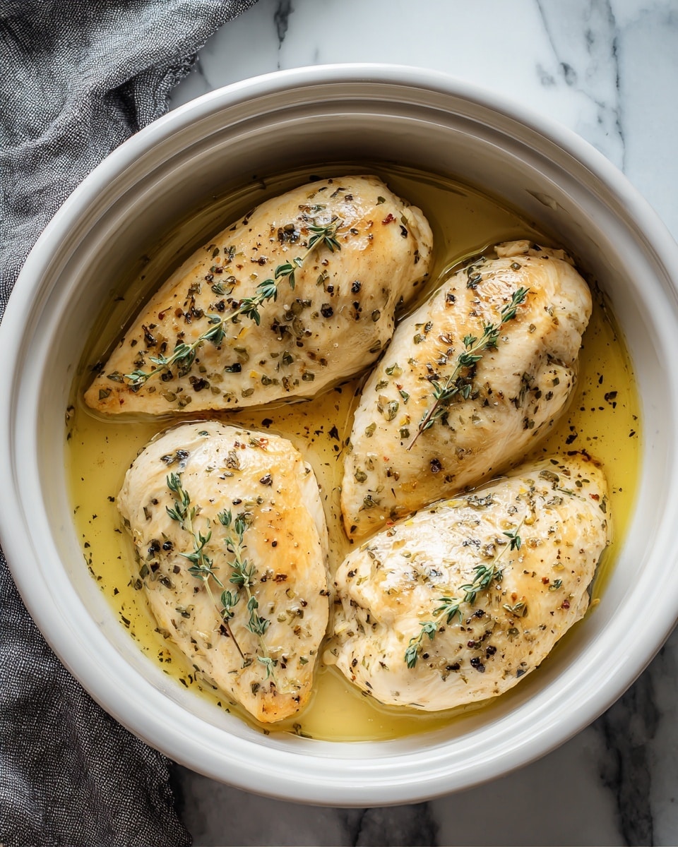 A round white ceramic bowl holds four cooked chicken breasts arranged in a circle, each slightly browned and glistening with a golden sauce. The chicken breasts are topped with small sprigs of fresh thyme and sprinkled with black pepper, adding texture and color contrast. The sauce is light yellow with herbs scattered throughout, filling the bowl halfway and giving a glossy look to the dish. The bowl sits on a white marbled surface with a gray kitchen towel partially visible on the left side. photo taken with an iphone --ar 4:5 --v 7