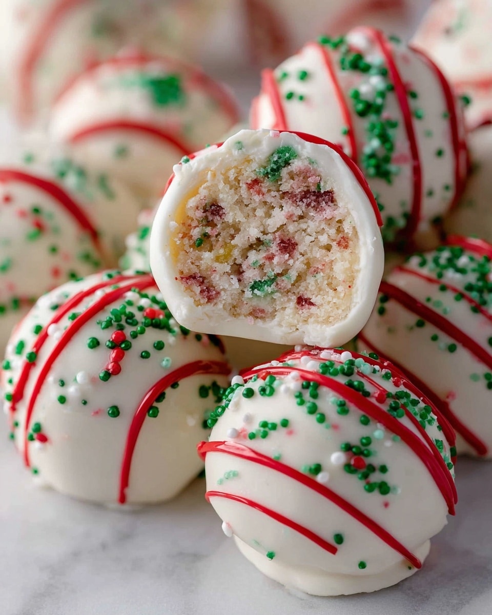 The image shows round cake balls with a smooth white outer layer covered in green sprinkles and decorated with three thin red stripes running across the top. One ball is cut open and held up, revealing a dense and crumbly inside filled with red, green, and white specks throughout. The cake balls rest on a white marbled surface, creating a clean and bright background. The red stripes are glossy and add contrast to the soft white coating, while the green sprinkles bring a festive touch. photo taken with an iphone --ar 4:5 --v 7