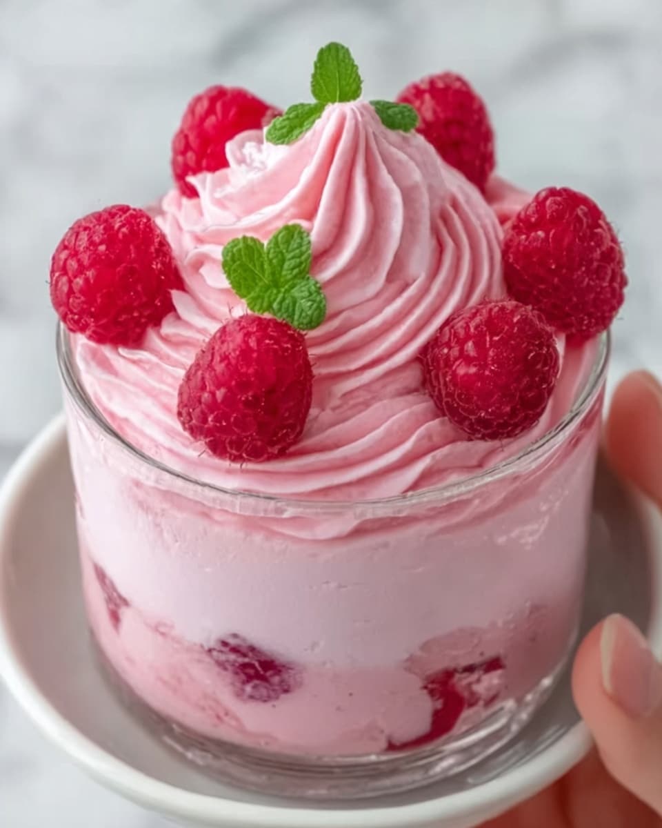 The image shows a clear glass cup filled with three layers of pink dessert. The bottom layer is a smooth light pink pudding. The middle layer has visible whole raspberries embedded within the pink cream. The top layer is a thick, swirled pink whipped cream with six bright red raspberries neatly placed on top, along with two small green mint leaves in the center. The glass sits on a round white saucer over a white marbled surface. A woman's hand is gently holding the glass from the side. photo taken with an iphone --ar 4:5 --v 7