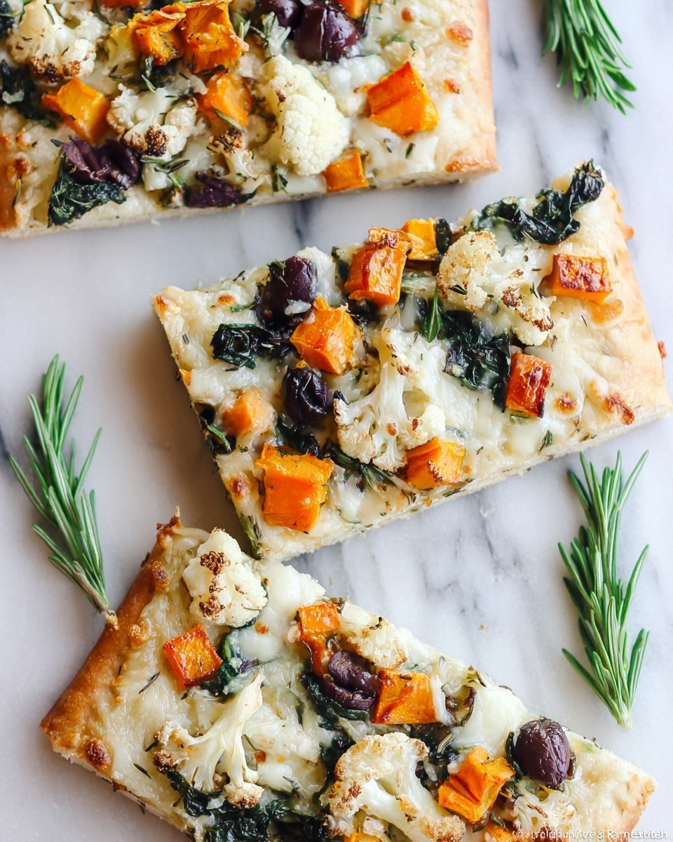 The image shows two slices of vegetable pizza on a wooden board, each with a thick, soft crust that is light golden brown. The pizza has multiple topping layers including melted white cheese, chunks of roasted orange squash, small roasted white cauliflower florets, dark purple olives, and scattered green spinach leaves, all roasted slightly to show some char marks. There is some green rosemary garnish placed on the wooden board next to the pizza, adding a fresh touch to the scene. The background features a white marbled texture. Photo taken with an iphone --ar 4:5 --v 7