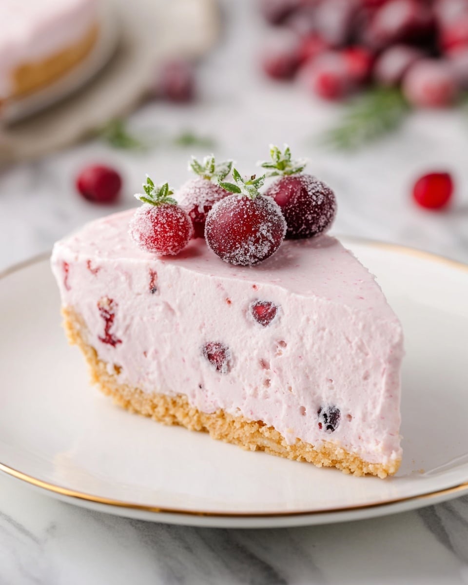 A round pie with one visible layer of light beige crumbly crust forming the base, topped with a thick, creamy, pale pink filling that has tiny red specks mixed in, spread evenly inside a silver foil pie dish. On top of the pie, along about one quarter of the edge, there is a decorative cluster of fresh and sugared cranberries showing deep red and frosted textures, interspersed with small bright green rosemary sprigs creating a natural contrast. The pie sits on a white marbled surface with some loose cranberries and rosemary sprigs scattered nearby. Photo taken with an iphone --ar 4:5 --v 7