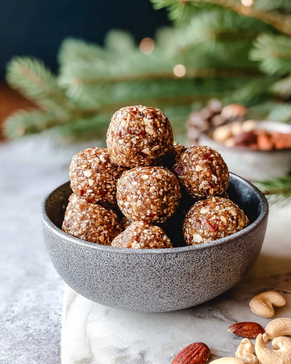 A gray bowl filled with round energy balls stacked in a small pyramid shape, each ball textured with small bits of nuts and seeds giving them a speckled light brown and beige look; the bowl sits on a white marbled surface with a blurred background that shows green pine branches and scattered nuts, creating a cozy, natural vibe. photo taken with an iphone --ar 4:5 --v 7