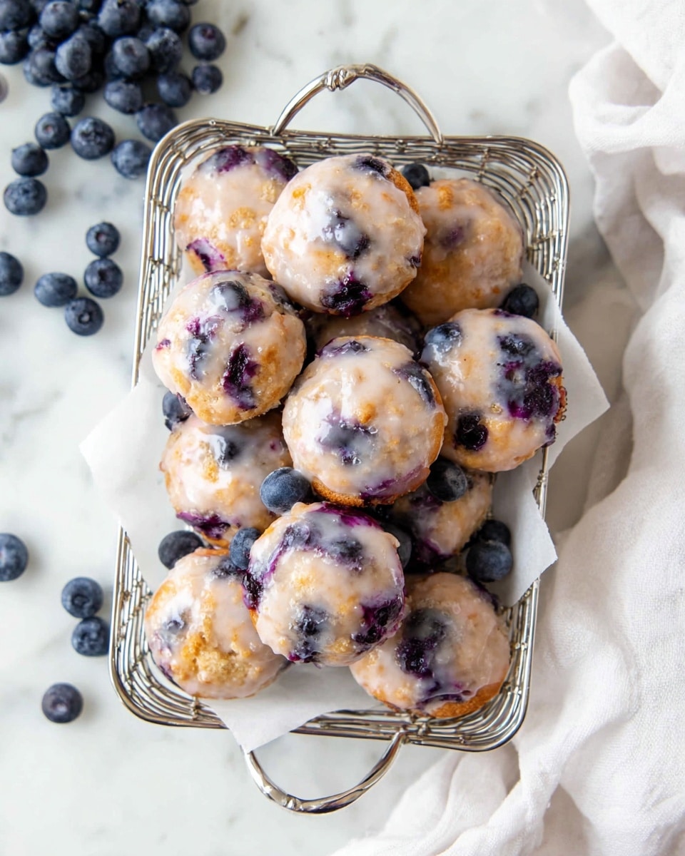 A pile of small, round glazed blueberry muffins is arranged on a small silver wire tray lined with white parchment paper. Each muffin has a light golden-brown base visible beneath a shiny, smooth layer of clear glaze that covers the surface unevenly, highlighting the embedded deep purple blueberries that peek through the glaze. Some blueberries burst slightly, adding dark purple patches to the otherwise light beige and shiny tops. The tray is set on a white marbled surface scattered with fresh whole blueberries and a white cloth napkin is placed to the right side, adding softness to the setting. photo taken with an iphone --ar 4:5 --v 7