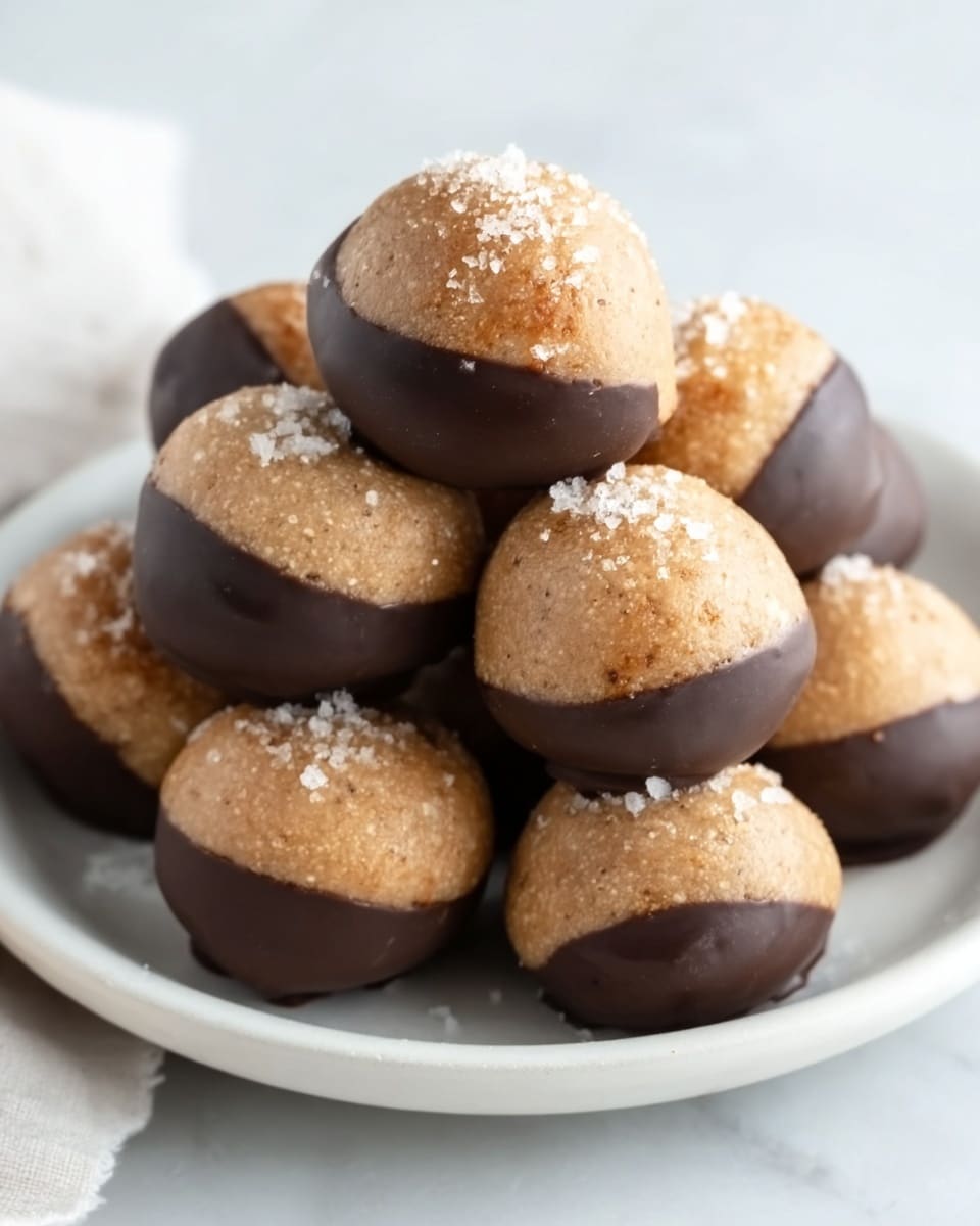 A small pile of round cookie balls stacked on a white plate sits on a white marbled surface. Each cookie ball has a light brown top with a slightly crumbly texture and a smooth dark chocolate dip covering the bottom half, showing a clear line where the chocolate ends. Some of the cookie balls have a sprinkling of light sugar crystals on the brown top. The cookie balls have a matte finish on the cookie side and a glossy look on the chocolate side. photo taken with an iphone --ar 4:5 --v 7