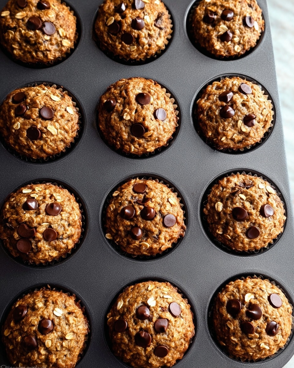 The image shows a close-up of twelve oatmeal chocolate chip muffins in a dark gray non-stick muffin pan. Each muffin has a golden-brown top with visible oats and scattered melted dark chocolate chips. The muffins are slightly domed and textured, with a moist and hearty appearance. The pan sits on a white marbled surface but is mostly filled by the muffins, making them the main focus. Photo taken with an iphone --ar 4:5 --v 7