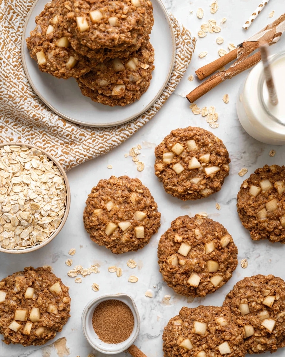 A top view shows several round oatmeal cookies with small cubes of apple embedded throughout. The cookies have a rough, crumbly texture in a warm light brown color. On the left side, a white plate holds a stack of five cookies, partly covered by a beige patterned cloth. Scattered flat on the white marbled surface are more cookies, a small white bowl filled with rolled oats, and a measuring spoon with ground cinnamon. Above the cookies, a glass of milk with brown polka-dotted straws adds a creamy touch. The whole scene gives a cozy and fresh baked feel. photo taken with an iphone --ar 4:5 --v 7