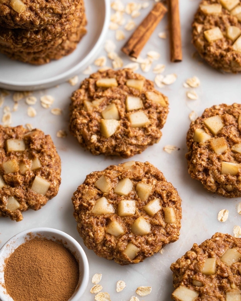 The image shows several thick, round cookies with a rough texture, placed on a white marbled surface. Each cookie has many small, light beige apple chunks embedded in a golden-brown, oatmeal-like base with visible oats giving a grainy texture. Around the cookies, there are scattered oats and a small white bowl filled with a fine, warm brown powder, likely cinnamon. In the background, a white plate holds a stack of similar cookies. The setting has a soft, natural light that highlights the details and textures of the cookies and ingredients. photo taken with an iphone --ar 4:5 --v 7
