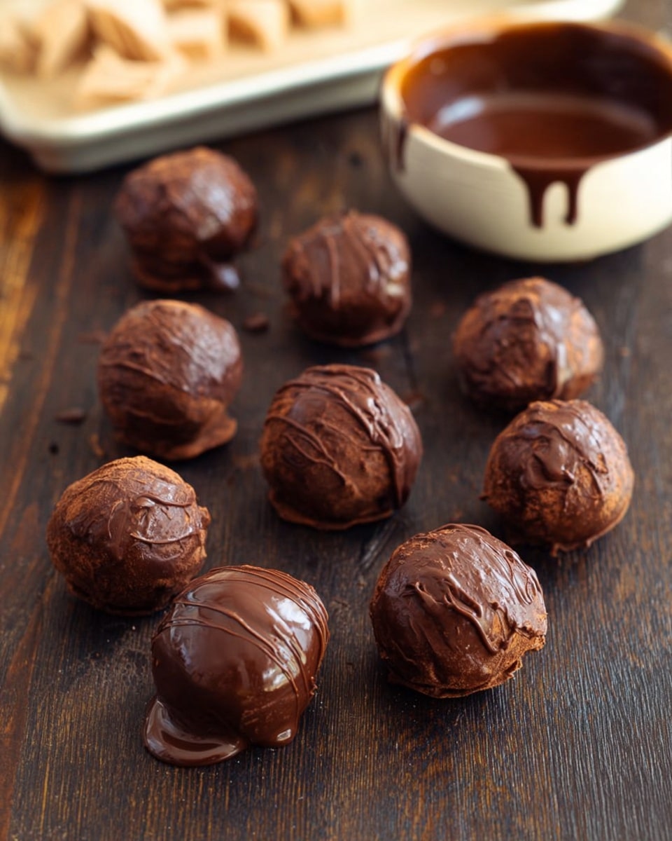 Nine round chocolate truffles sit on a dark wooden surface. They vary slightly in shape and each has a rough, textured coating of chocolate that looks thick and creamy with some ridges and swirls. In the blurry background, there is a white tray with light brown pieces, and a white bowl filled with melted chocolate with chocolate drips on the bowl's side. The scene is simple, focused on the rich brown color of the truffles against the dark surface. photo taken with an iphone --ar 4:5 --v 7