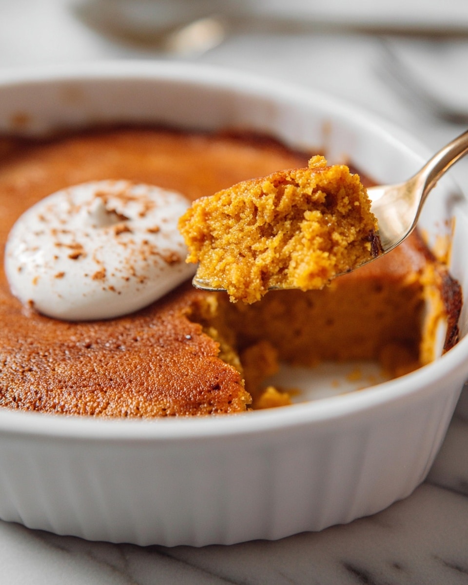 The image shows a golden-brown baked dessert in a white ceramic dish with a soft, spongy texture on top. A spoon is lifting a chunk of the dessert, revealing the moist, slightly crumbly interior that is the same orange-brown shade as the top layer. On the surface of the dessert inside the dish, there is a dollop of white cream sprinkled lightly with brown spice, placed near the corner. The background is a white marbled texture, and the focus is on the dessert and the spoon holding the piece. photo taken with an iphone --ar 4:5 --v 7