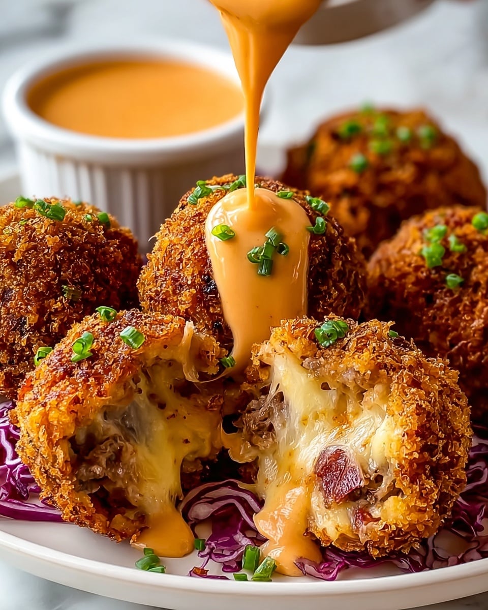 A close-up view of golden-brown crispy fried balls with a crunchy textured outer layer, each ball cut open to reveal gooey melted cheese and chunks of meat inside. The fried balls are placed on a white plate with a bed of thinly shredded purple cabbage and small pieces of green chives scattered on top. Creamy orange sauce with visible seasoning is being drizzled over the balls from above, pooling slightly on the plate. In the background, a small white bowl filled with more of the same smooth, orange sauce sits ready for dipping, set against a white marbled surface. Photo taken with an iphone --ar 4:5 --v 7