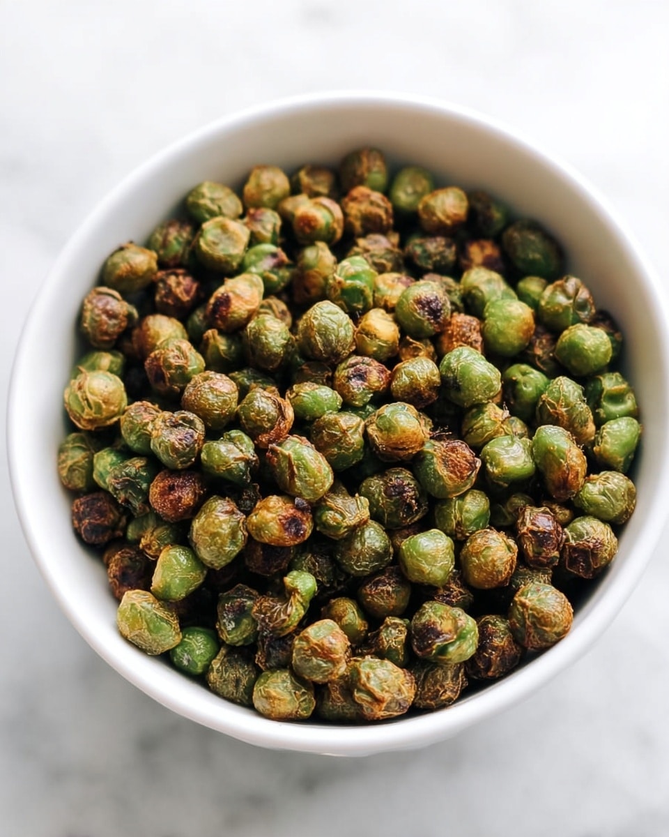 A close-up view of a white bowl filled with crispy roasted green peas. The peas are round and unevenly browned with a mix of deep green and golden brown colors, showing a crunchy texture. The bowl is set on a white marbled surface with soft natural light highlighting the peas' different shades and crispy details. photo taken with an iphone --ar 4:5 --v 7