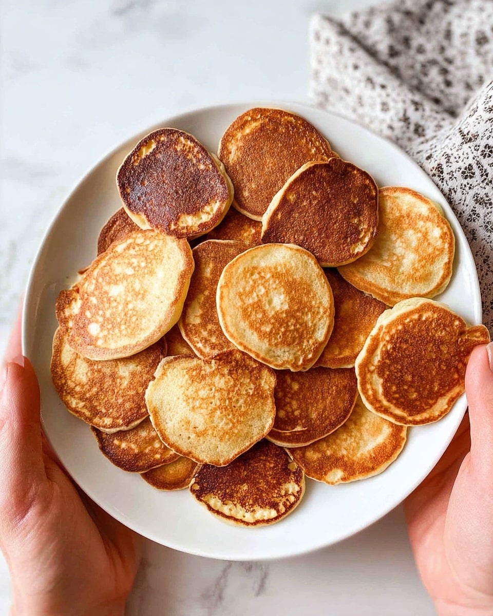 A white plate filled with about fifteen small pancakes stacked unevenly, showing their golden brown tops and lighter edges in various shades from light tan to dark brown, creating a textured and warm appearance; the pancakes are arranged to fill the plate fully with some overlapping, held by two hands on each side of the plate, set against a white marbled surface with a hint of a patterned cloth in the top right corner, creating a cozy and simple breakfast scene. photo taken with an iphone --ar 4:5 --v 7