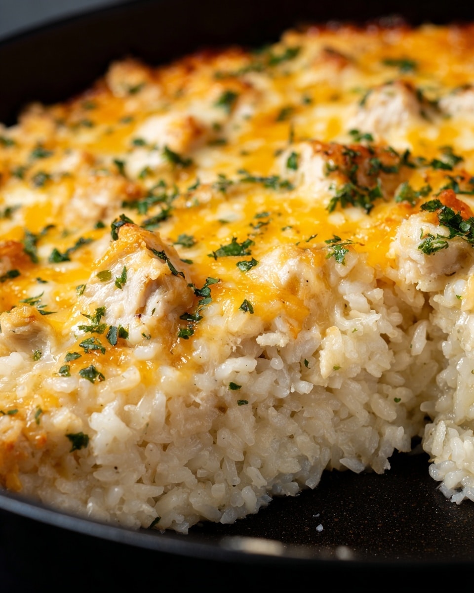 A close-up view of a baked rice dish in a black pan, showing two main layers: a bottom layer of soft, cooked white rice with a slightly shiny texture, and a top layer of melted, golden-yellow cheese that is bubbly and browned in some spots. Small chunks of white chicken are mixed within the cheese. Green herb pieces are scattered evenly over the top, adding a fresh touch. The focus is on the corner of the dish, highlighting the texture of the rice and the melted cheese. Photo taken with an iphone --ar 4:5 --v 7