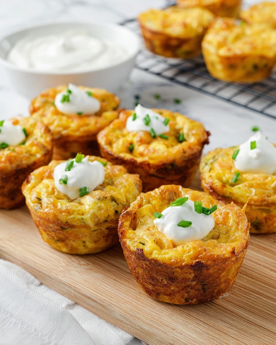 The image shows a group of golden-brown baked mini egg muffins with a slightly crispy outer edge and a soft, textured inside filled with bits of vegetables and cheese. Four of the muffins are topped with a dollop of white sour cream and small green chive pieces on top. They are all arranged closely together on a light wooden board placed on a white marbled surface. In the background, there is a white bowl filled with sour cream and a cooling rack holding more of the same muffins, all set against a white marbled background. photo taken with an iphone --ar 4:5 --v 7