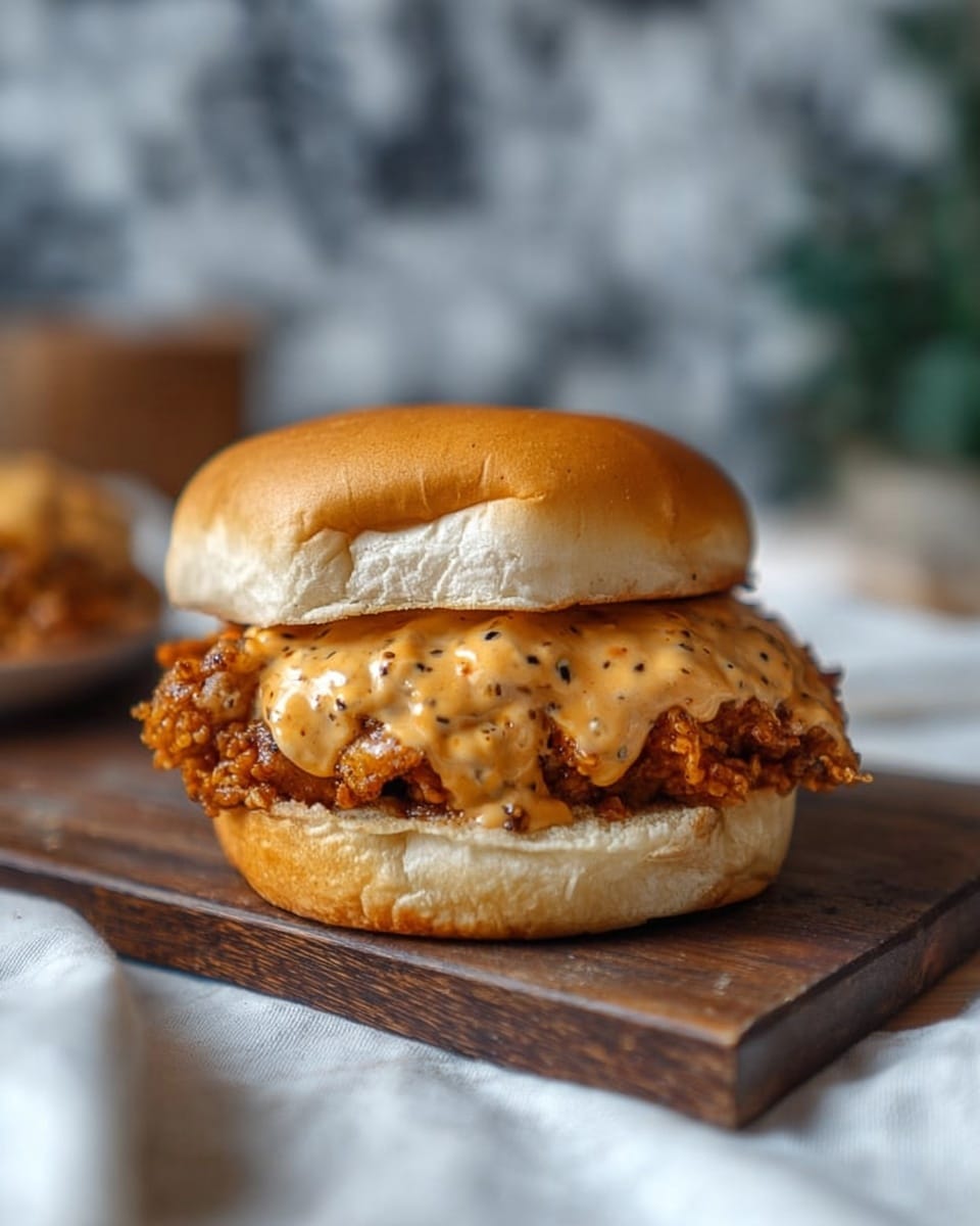 A close-up image of a crispy fried chicken sandwich on a soft, golden-brown bun. The sandwich has two main layers: the bottom layer is a thick, crunchy fried chicken piece with a golden, crispy texture, and on top of it there is a generous layer of melted cheese sauce with a creamy, slightly orange color and black pepper sprinkles. The sandwich sits on a dark wooden board, with a soft white cloth and blurred background behind it, over a white marbled surface. photo taken with an iphone --ar 4:5 --v 7
