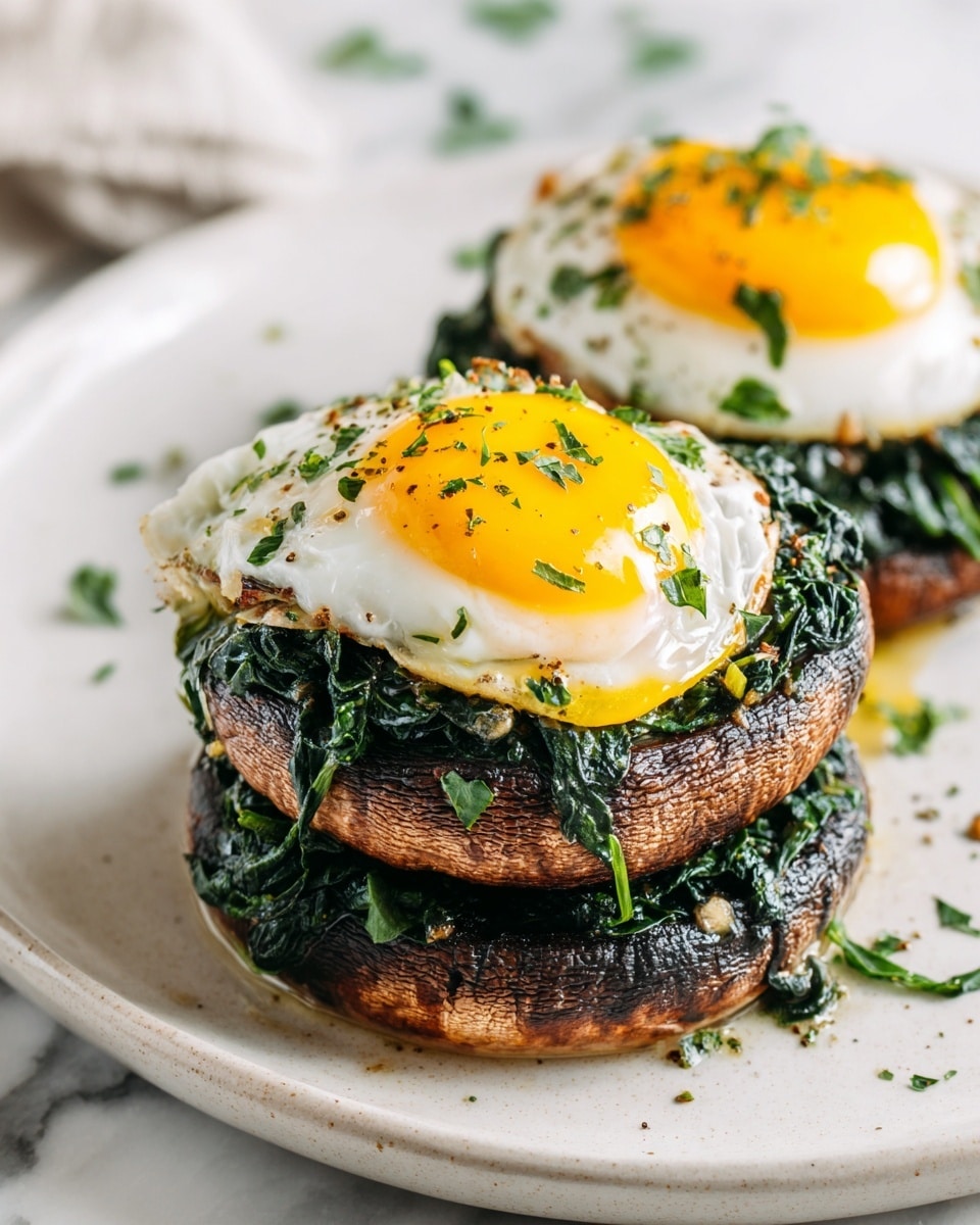 A large, dark brown grilled portobello mushroom cap sits in the center of a white plate on a white marbled surface. Inside the mushroom cap is a thick layer of bright green mashed avocado, spread evenly and textured with small chunks. On top of the avocado rests a single sunny-side-up egg, its white edges slightly crispy and its yolk vibrant orange-yellow, glossy and round. Small bits of green chopped parsley and a few flakes of red pepper are sprinkled over the egg and avocado, adding a touch of color contrast. Nearby, a woman's hand holds a small spoon gently resting on the plate edge. The overall look is fresh and colorful with sharp detail. Photo taken with an iphone --ar 4:5 --v 7