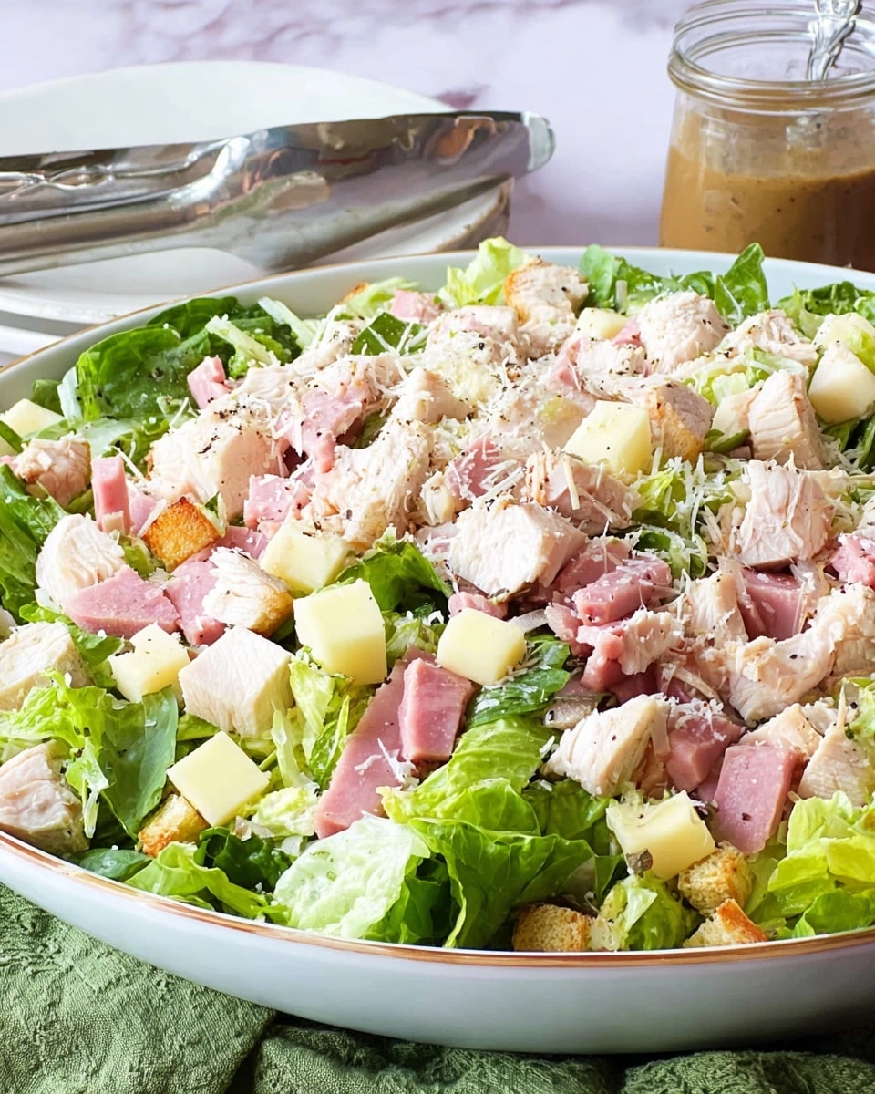A large white shallow bowl filled with a fresh salad showing three main layers: on the bottom, vibrant green chopped lettuce leaves with a crisp texture; on top of the lettuce are evenly scattered small cubes of pale yellow cheese and pink diced ham; covering the salad are generous chunks of white cooked chicken mixed with a light sprinkle of white grated cheese and black pepper for texture. To the back of the salad bowl, resting on a green cloth, are two shiny metal salad tongs, and in the background, there is a small clear jar with a brown dressing on a white marbled surface. Photo taken with an iphone --ar 4:5 --v 7