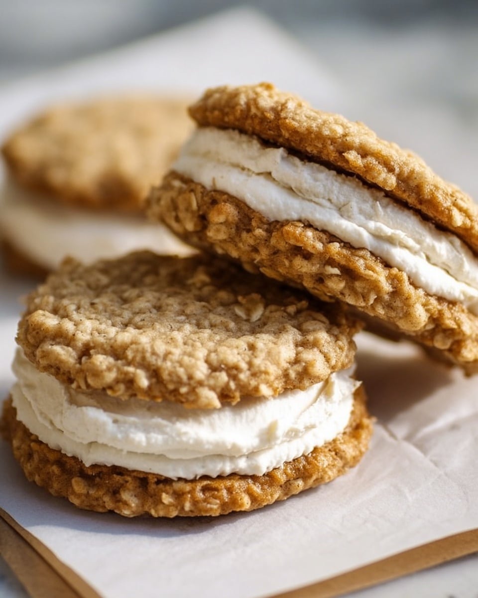 The image shows two oatmeal cream pies placed on white parchment paper over a white marbled surface. Each pie has two round oatmeal cookies that are golden brown with a rough, textured surface from the oats. Between the cookies, there is a thick layer of white cream filling that looks smooth and fluffy. The pies are stacked, with one leaning slightly to the side, showing the cream filling clearly. The lighting highlights the texture of the cookies and cream. Photo taken with an iphone --ar 4:5 --v 7